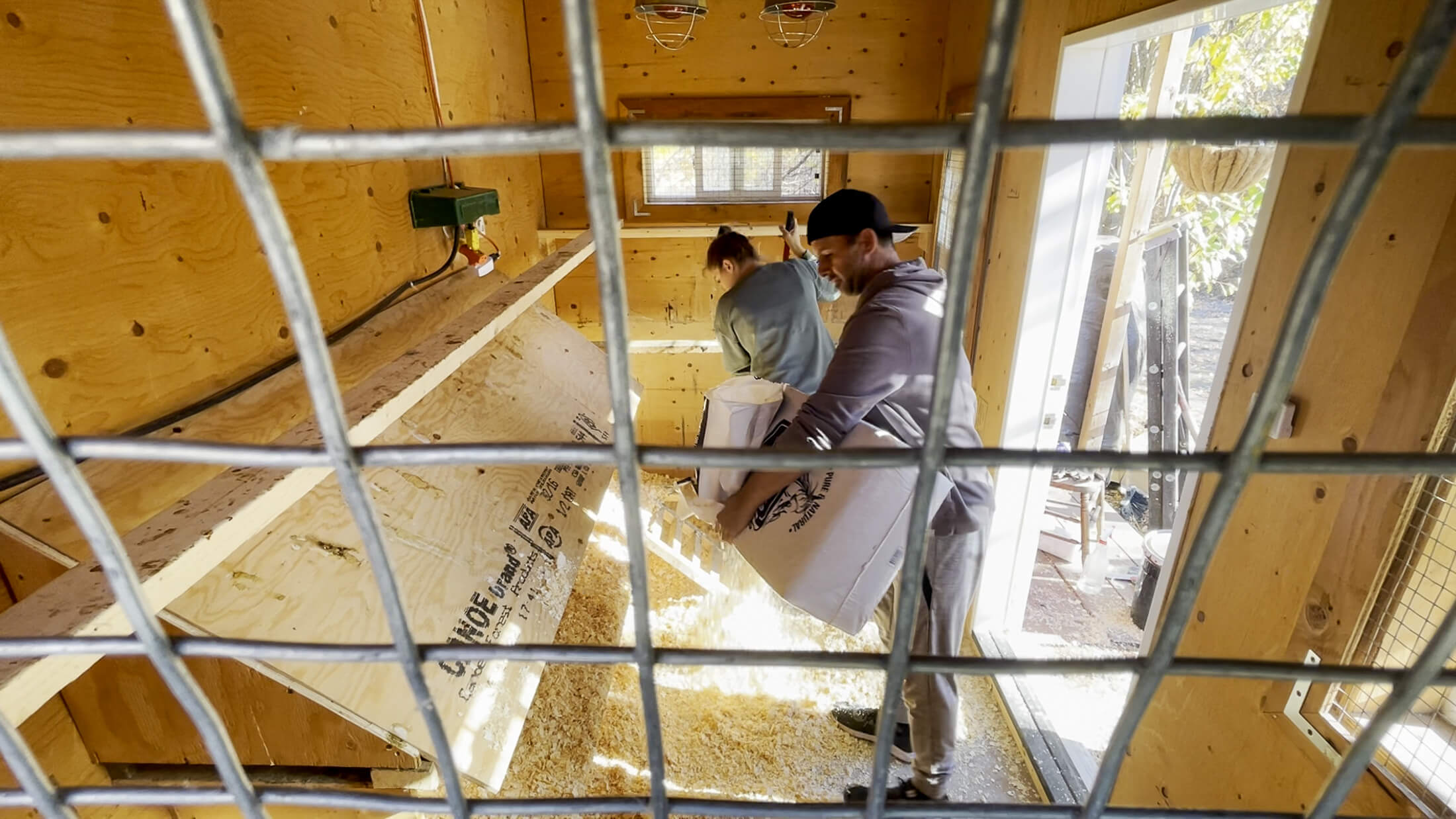 Two people cleaning a chicken coop. 