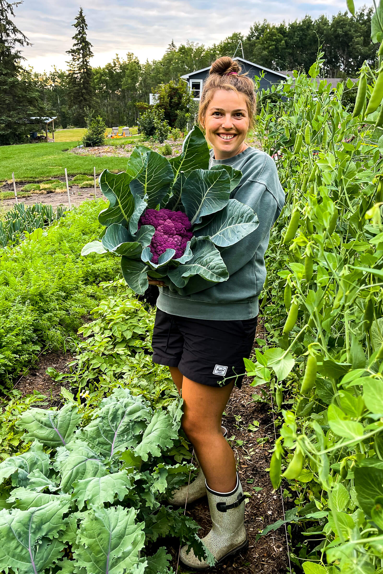 Woman holding a large purple cauliflower. 