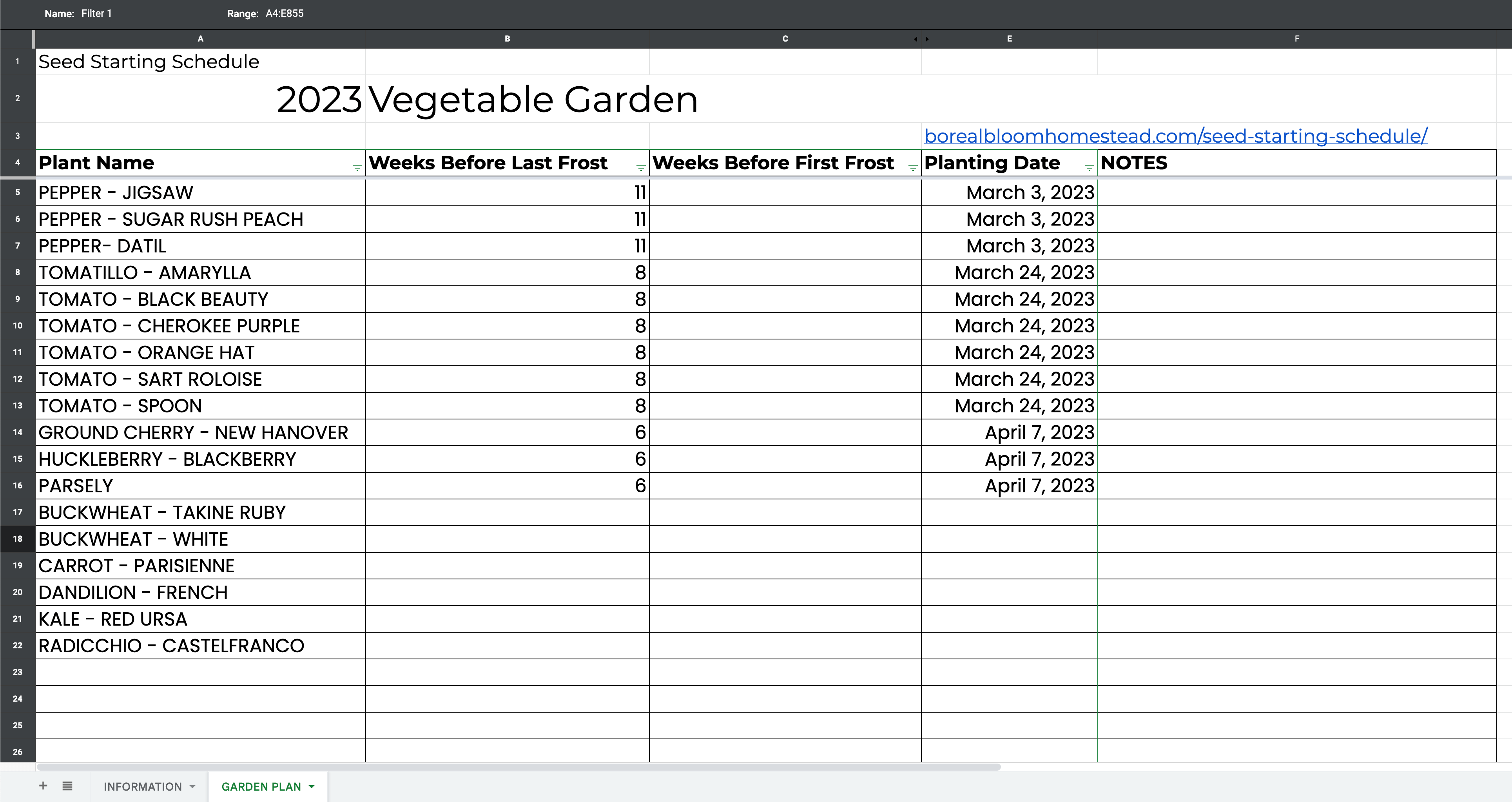 Spreadsheet filled with seed starting information including seed name, weeks before frost, etc. 