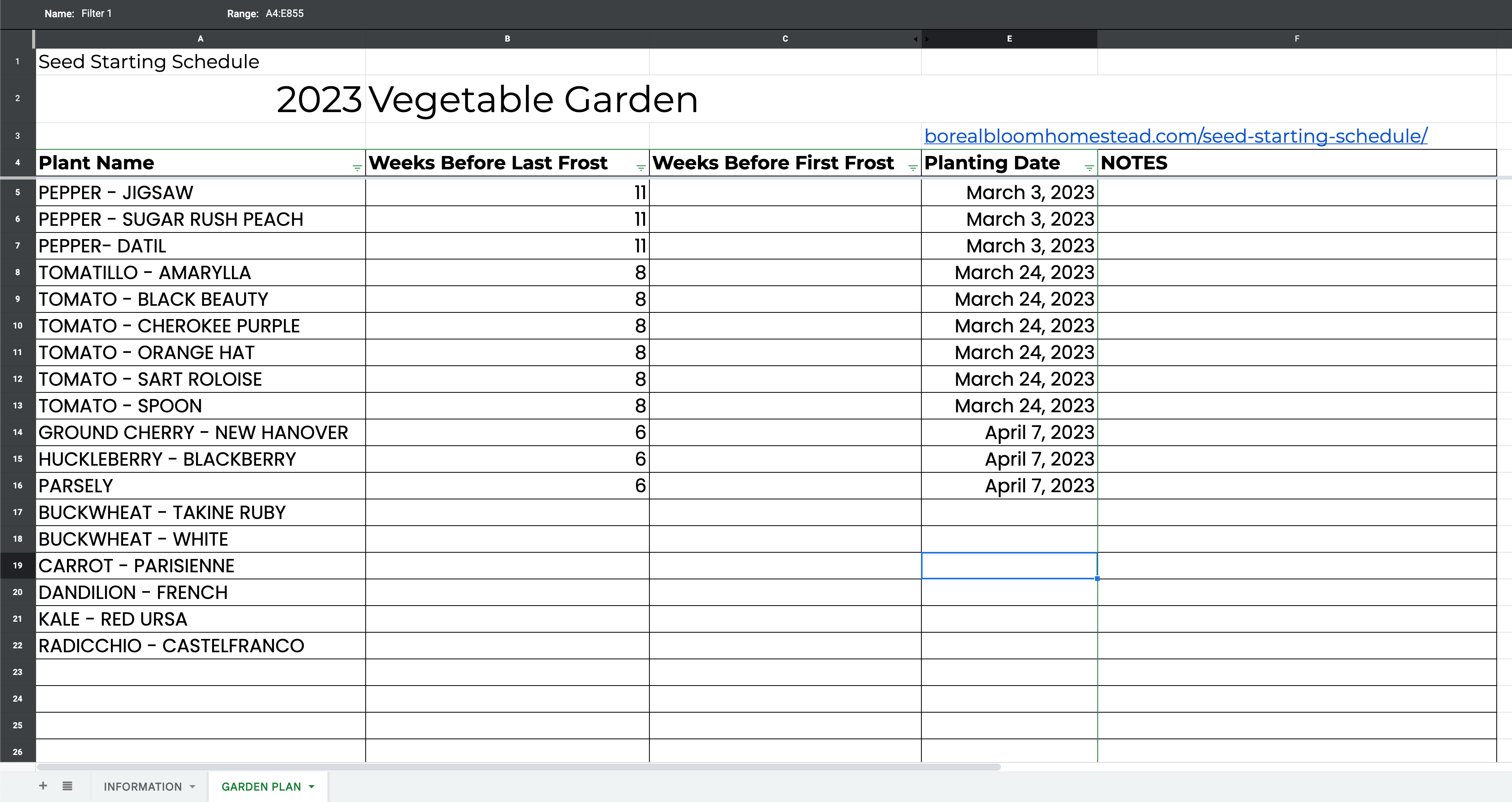 Filled vegetable garden spreadsheet calendar. 