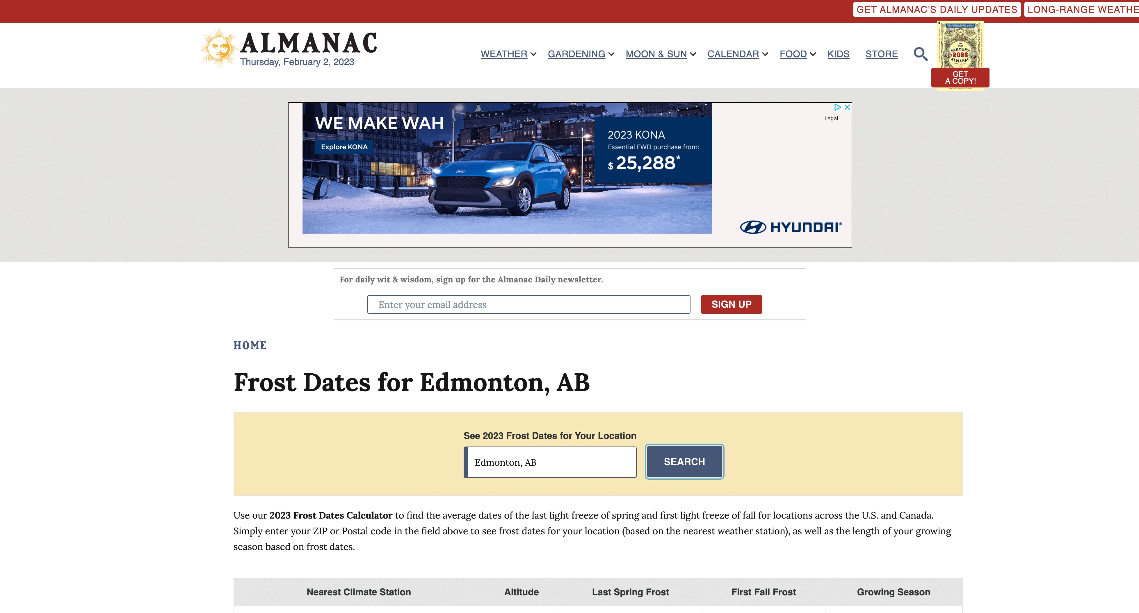 Finding frost dates on the Almanac website. 