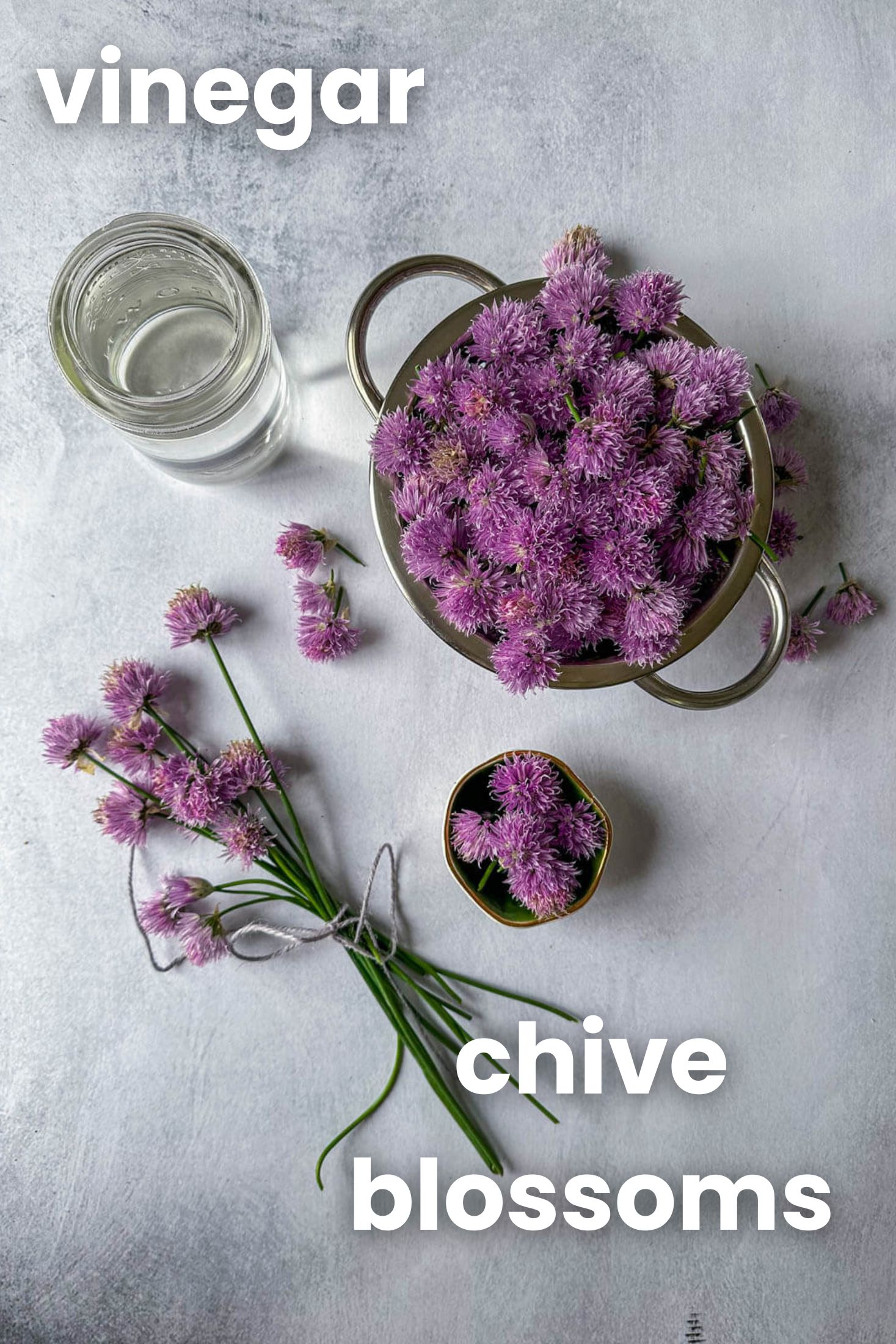 Labeled ingredients for chive vinegar. 