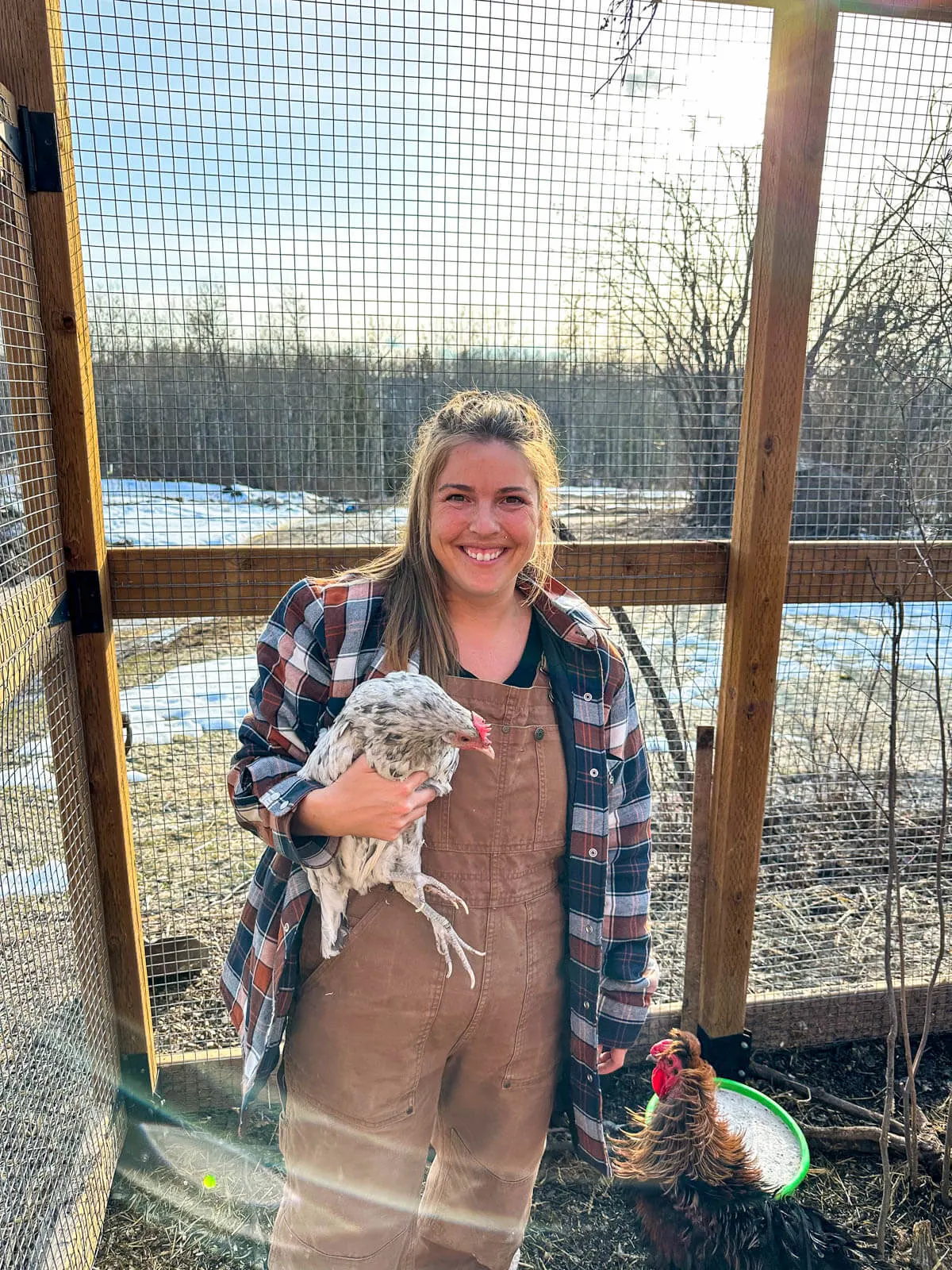 Woman carrying a hen. 