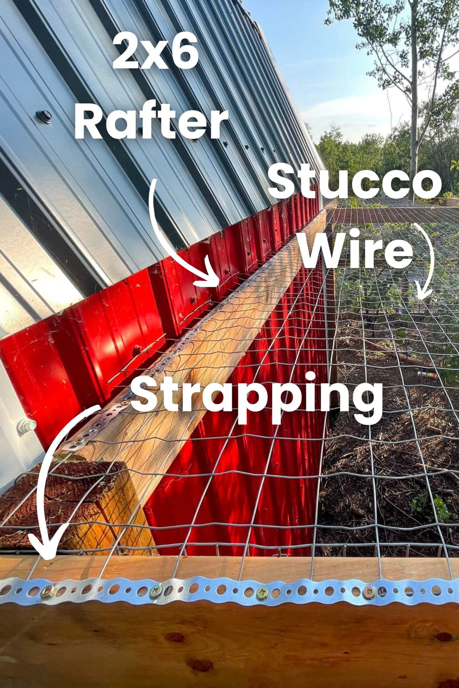 Stucco wire and strapping on top of the chicken run.