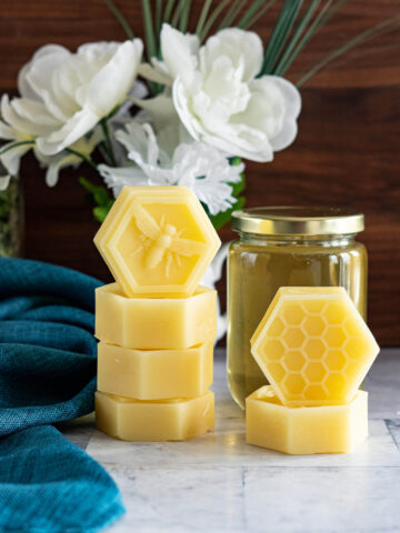 Rendered beeswax molded in honeycomb molds.