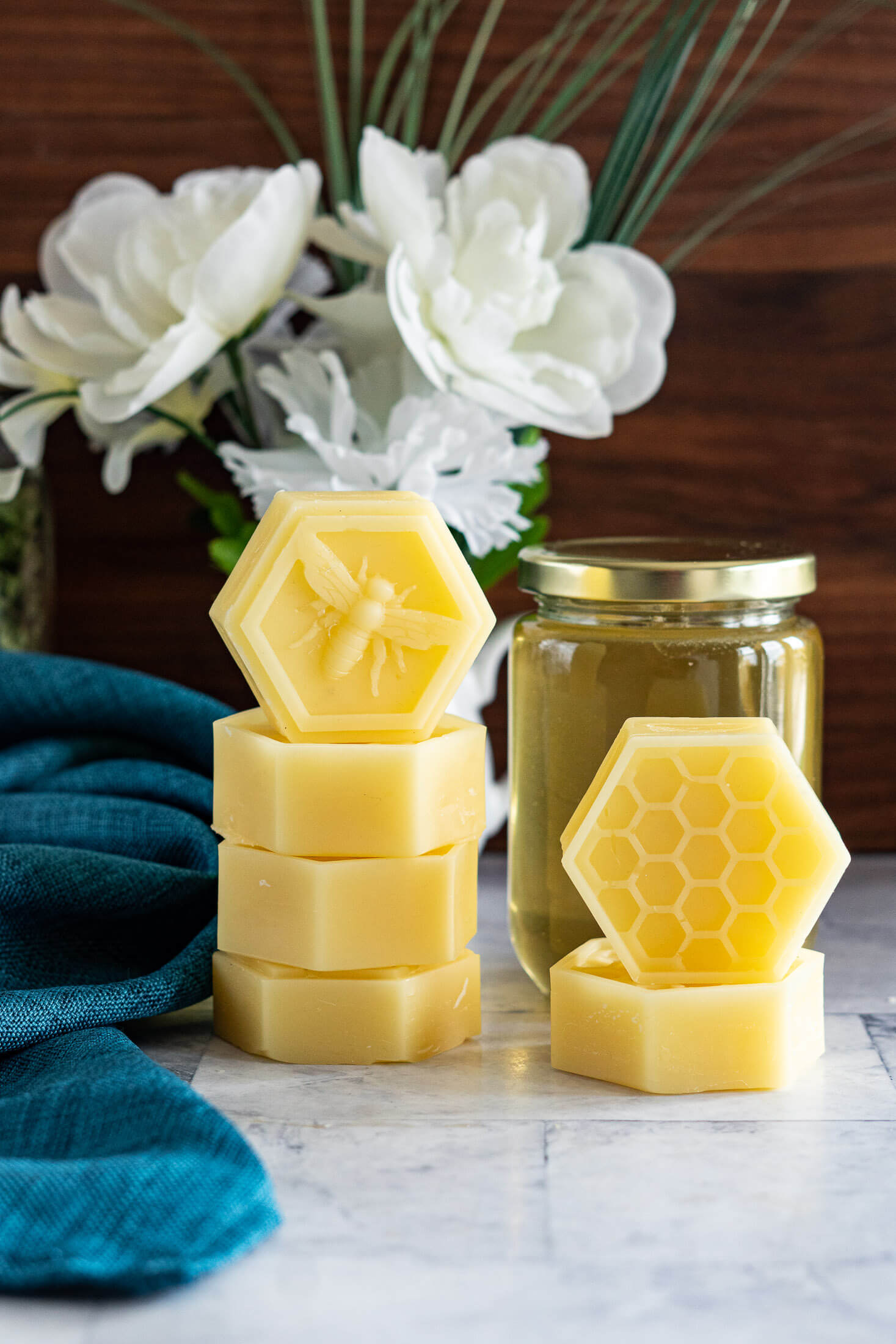 Rendered beeswax molded in honeycomb molds. 
