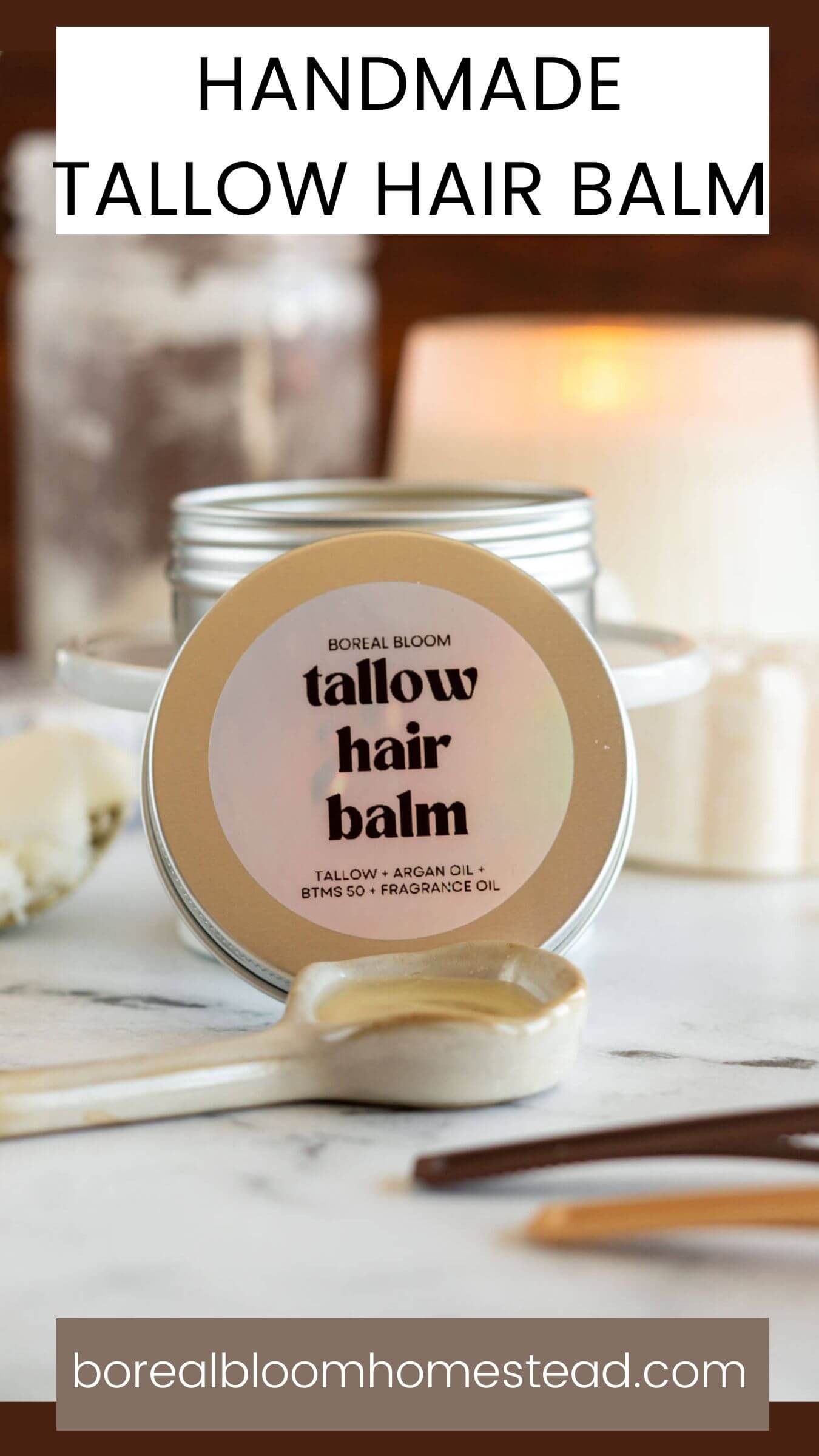 Handmade tallow hair balm pinterest graphic. 
