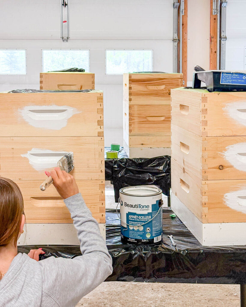 Painting the handle notches with a paint brush.